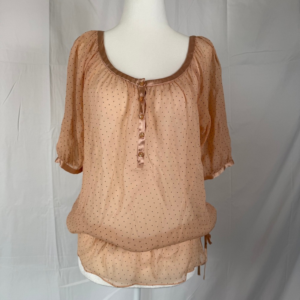 Girly Feminine‎ Y2K Womens Sheer 100% Silk Polka Dot Blouse Peach Short Sleeve S